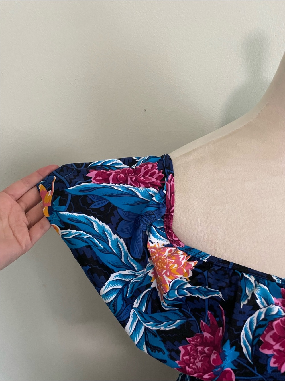 Floral Navy One-Piece Swim Suit with Off-Shoulder Detail - Picture 3 of 7